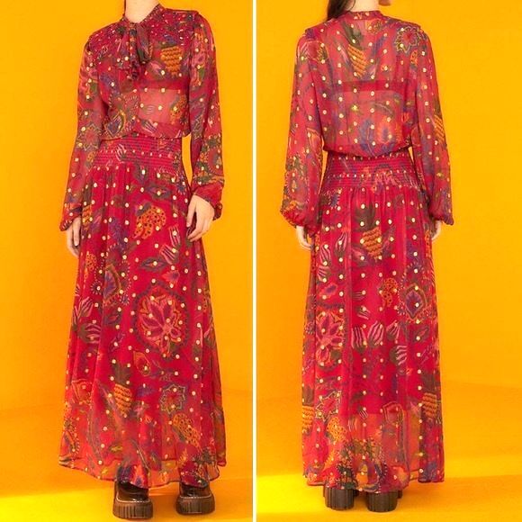 NWT Farm Rio Sunset Tapestry Floral Long Sleeve Boho Maxi Dress Warm Red Size XS - Picture 16 of 16